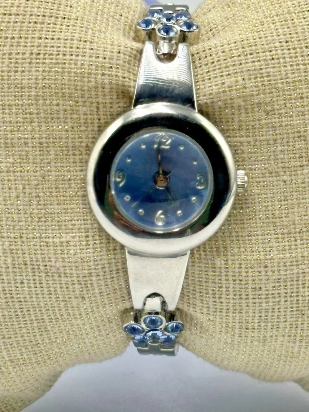 3/$30 Blue Rhinestone Watch Women Silver Tone Cuff Bangle Bracelet New Battery